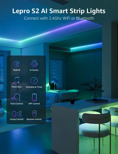 Vista 9 de Lepro Tira de luces LED inteligentes S2 AI – Tiras de luz RGBCW de 16.4 pies con 2700K-5700K blanco cálido sintonizable, segmento de color DIY