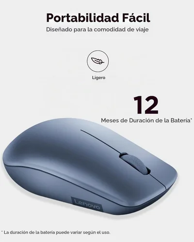 Vista 5 de Ratón inalámbrico Lenovo 530 con batería, Nano USB de 2.4GHz, sensor óptico de 1200 DPI, ergonómico para mano izquierda o derecha, ligero