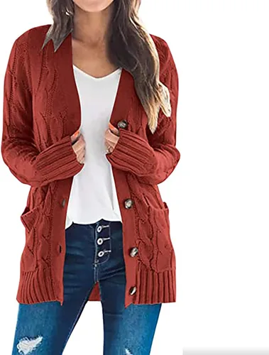 Vista 2 de Cárdigan para mujer suéteres gruesos de talla grande manga larga parte delantera abierta abrigo de punto trenzado con bolsillos ropa exterior