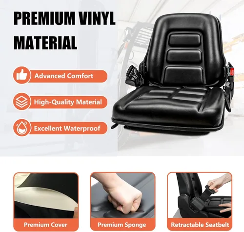 Vista 6 de Asiento universal de carretilla elevadora, asiento de tractor con cinturón de seguridad, respaldo ajustable e interruptor de posición del operador