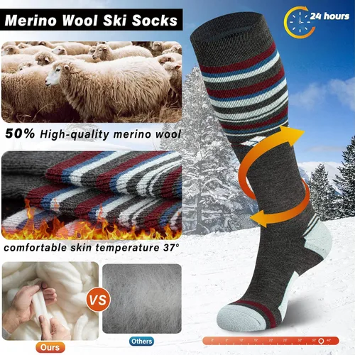 Vista 2 de Calcetines de esquí de lana merina, térmicos, hasta la rodilla, para invierno, snowboard, deportes para hombres y mujeres