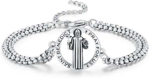 Vista 62 de Pulsera unisex de San Miguel/Cristóbal/Benedicto/Jude/José/Guadalupe/Ángel de la Guarda/Santa Muerte Pulsera de plata de ley 925 con cadena de doble
