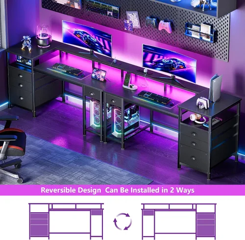 Vista 7 de Furologee Escritorio para juegos de 52 pulgadas con luces LED y tomas de corriente, escritorio reversible para computadora con 4 cajones, archivador
