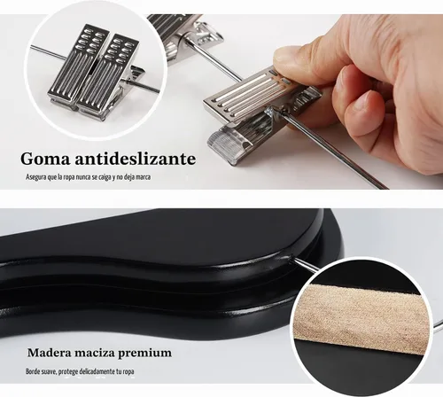 Vista 3 de HOUÍSM - Perchas de madera con clips, perchas resistentes para pantalones y faldas, perchas de madera maciza para pantalones, jeans, ropa