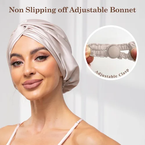 Vista 68 de Gorro de satén de seda ajustable para envolver el cabello para dormir, gorro de dormir de doble capa, turbante nocturno para cabello largo y rizado