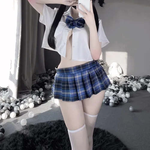 Vista 4 de LureZone Uniforme de colegiala japonesa sexy anime Cosplay ropa interior bikini con mini camisa y falda plisada