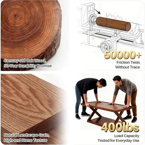 Vista 6 de BECHAEO Mesa auxiliar de roble macizo para sala de estar, mesa auxiliar de madera de 2 niveles con estante de almacenamiento, mesa central moderna