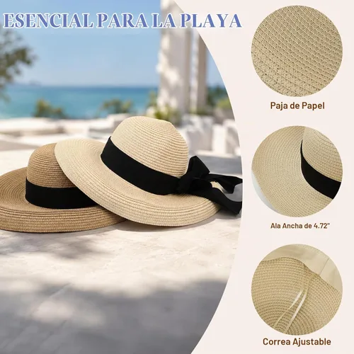 Vista 5 de Surblue Sombrero de paja de playa para mujer, sombrero de ala ancha con Beige