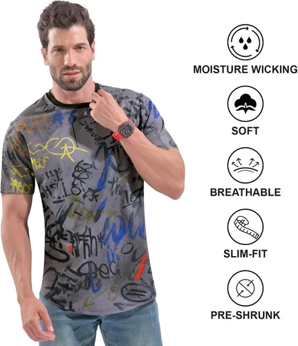 Vista 5 de DEOLAX Camiseta de moda con cuello redondo para hombre, camiseta casual de ajuste seco, camiseta de manga corta, para entrenamiento, hip hop