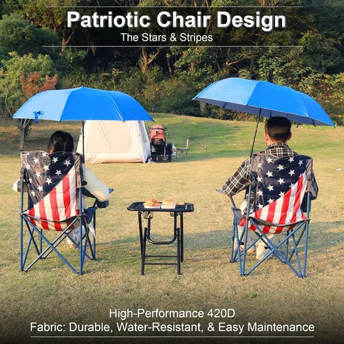 Vista 4 de Paquete de 2 sillas de camping con paraguas ajustable, silla de césped plegable con respaldo de bandera estadounidense, silla de camping acolchada