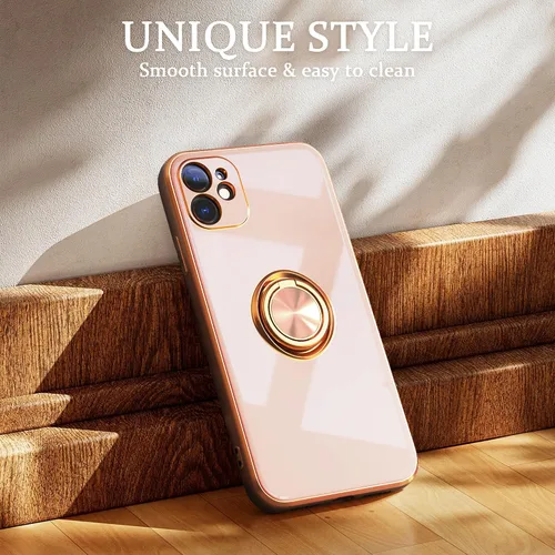 Vista 2 de IDweel Funda para iPhone 11 con soporte de anillo de 360° con soporte magnético, ligera, delgada, borde de oro rosa, TPU suave, protección