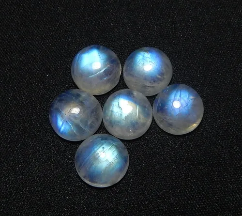 Vista 2 de 0.354 in Redondo Azul Fuego AAA Calidad Arco Iris Natural Piedra Lunar Calibrado Cabujón Piedra Preciosa Suelta 6 Piezas Caja, piedra de luna