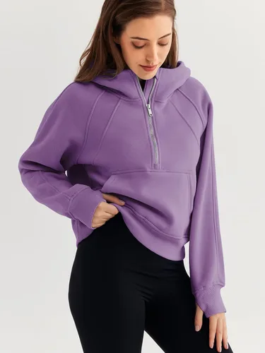 Vista 3 de WYNNQUE Sudadera corta con capucha para mujer, manga larga, forro polar, media cremallera, ropa de otoño