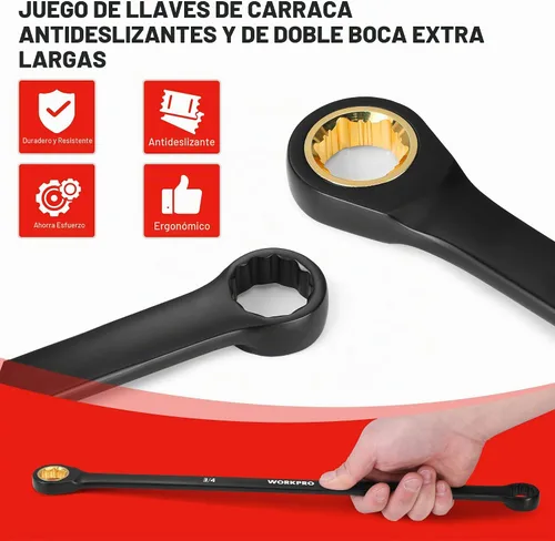 Vista 8 de WORKPRO - Juego de llaves de trinquete extralargas, 9 piezas, antideslizantes, doble extremo de caja, SAE 5/16-3/4 pulgadas, 72 dientes, llaves