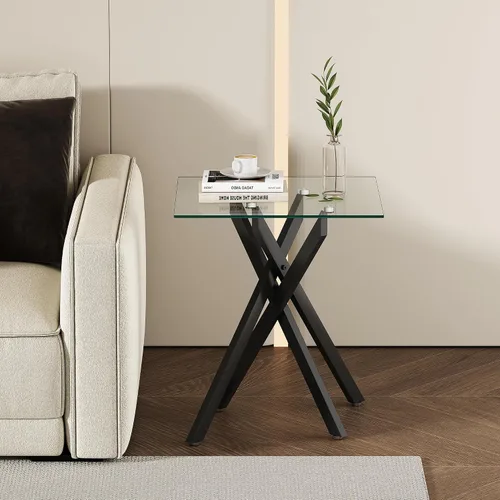 Vista 3 de Mesa auxiliar moderna de cristal, mesa auxiliar cuadrada para sofá, mesa auxiliar negra con parte superior de vidrio templado transparente y patas