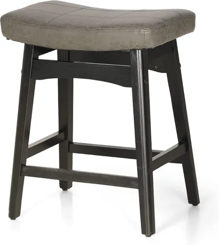 Vista 3 de Taburete de bar gris de madera maciza para encimera de cocina, taburete de bar con asiento de cuero sintético, taburete tapizado para isla de 34 a