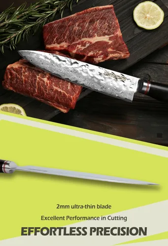 Vista 5 de YOUSUNLONG Cuchillo de chef – Cuchillos de cocina Gyuto de 8 pulgadas – Cuchillo afilado – Acero de Damasco martillado japonés – Mango de ébano