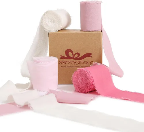 Vista 31 de Pretty Jolly Cinta de gasa beige para envolver regalos, 3 rollos de 2 pulgadas x 7 yardas, cinta de tela de seda hecha a mano con flecos para ramo