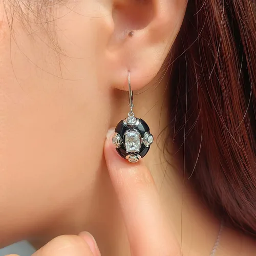 Vista 4 de DovEggs 2ct Center 5x7mm G-H-I Heart Arrows Cushion Cut Moissanite Hoop Earrings with Black Onyx Earring for Women 14K Gold QUALITY Silver