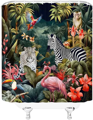 Vista 2 de Cortina de ducha de animales de selva tropical, selva, leopardo, flamenco, cebra, loro, hoja de palmera, plantas verdes, vida silvestre, zoológico