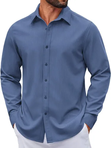 Vista 31 de COOFANDY Camisa de vestir casual de mezclilla con botones y manga larga para hombre
