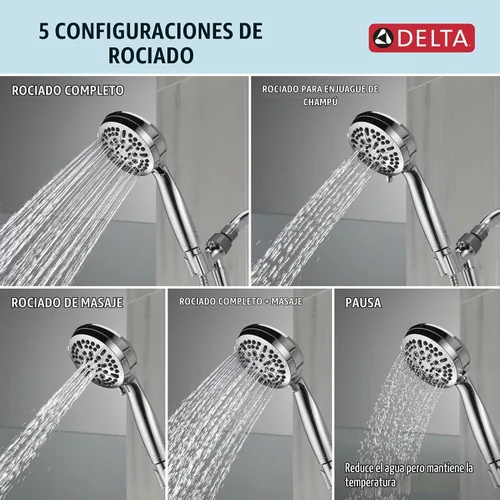 Vista 5 de Cabezal de ducha de mano Delta de 5 configuraciones, cabezal de ducha cromado con manguera, cabezales de ducha y duchas de mano, cabezales de ducha