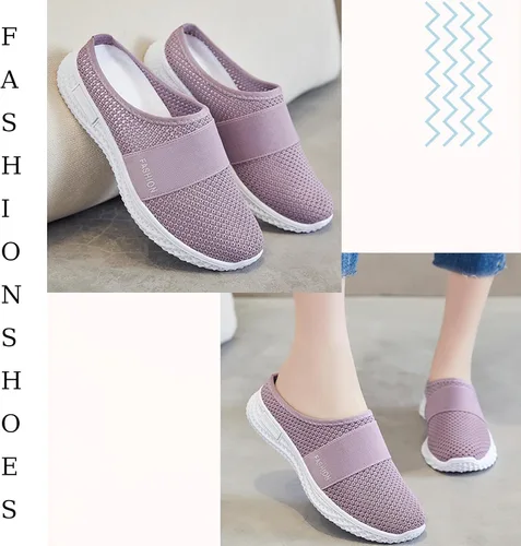 Vista 6 de Pantuflas planas de malla de punto para mujer, tela de malla transpirable sin espalda, antideslizantes, suela suave, cómodas, sin cordones