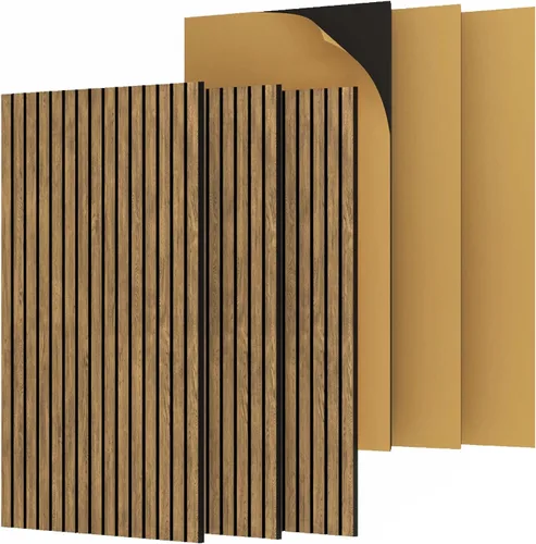 Vista 14 de 4 paneles de pared de listones de madera acústica 3D, absorción de sonido con cancelación de ruido, decoración de pared interior de teca natural