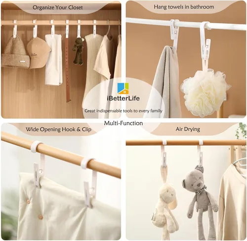 Vista 2 de iBetterLife Alfileres de ropa resistentes para exteriores, 8 ganchos grandes para ropa sucia con clips, abrazaderas organizadoras de armario