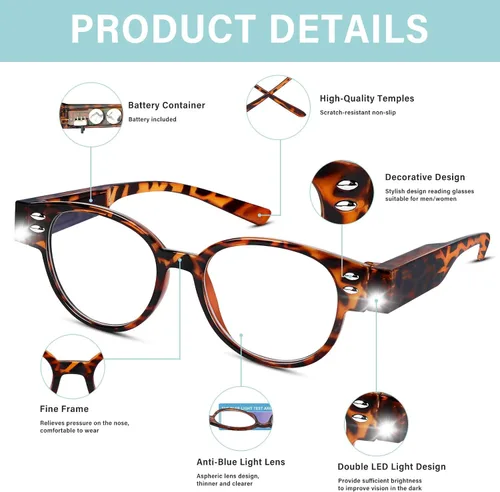 Vista 5 de Lentes de lectura con luz LED brillante con lupa con luz en la fama, lectores LED brillantes para hombres y mujeres, bloqueo de luz azul, antifatiga