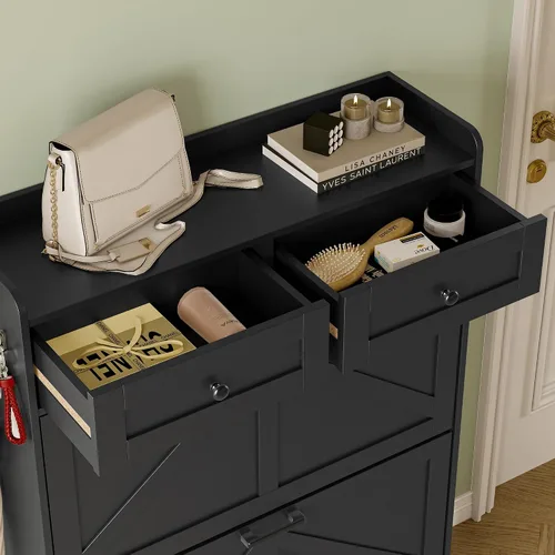 Vista 8 de BORNOON Gabinete de Almacenamiento de Zapatos para Entrada, Gabinete Estrecho de Zapatos Estilo Granja con 2 Cajones Abatibles y Cajones Superiores