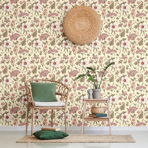 Vista 7 de Blooming Wall Papel pintado de azaleas dibujadas a mano con hojas despegar y pegar Papel pintado autoadhesivo extraíble Mural de pared decoración