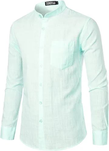 Vista 3 de ZEROYAA Camisas de algodón y lino de manga larga con botones y bolsillo para hombre