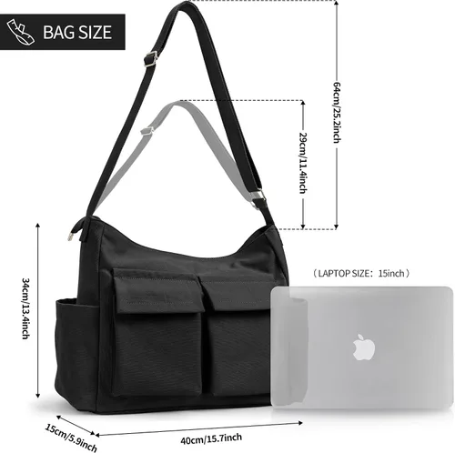 Vista 4 de KALIDI - Bolsa de lona con bolsillos, bolso bandolera grande para mujeres, hombres, universidad, trabajo, viajes, casual