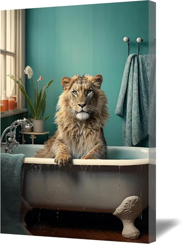 Vista 10 de QIXIANG Lienzo decorativo de oso para decoración de baño, diseño de oso divertido en la bañera, impresiones de imágenes de tema moderno de animales