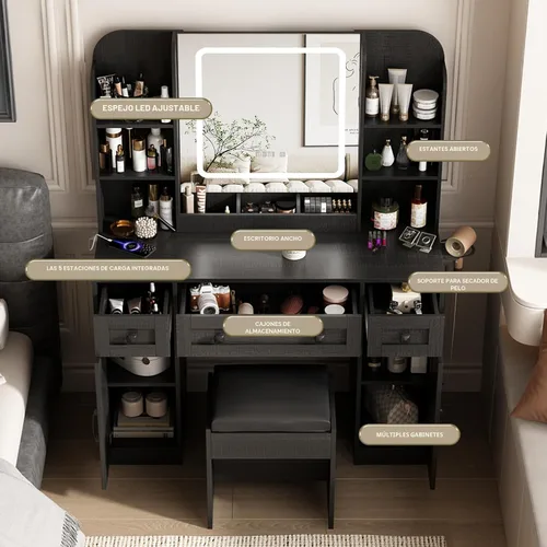 Vista 2 de Vabches Escritorio de tocador negro, espejo de tocador con luces, escritorio de maquillaje con taburete, mesa de maquillaje con grandes cajones