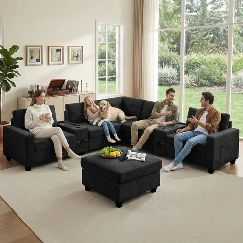 Vista 15 de Sofá modular de 103 pulgadas con 2 consolas acrílicas, juego de sofá en forma de U de gran tamaño con cargador USB, cajones de almacenamiento, Beige