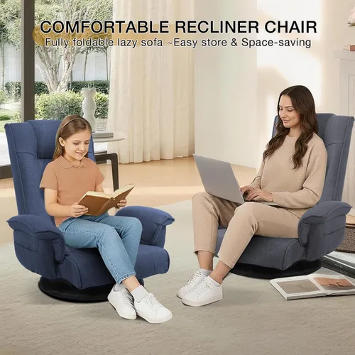 Vista 7 de Linen Fabric Ergonomic Gaming Chair, 6-Position Reclining Sofa Bed with Lumbar Support, Foldable Floor Lounger with Thick Cushion, Armrests & Side