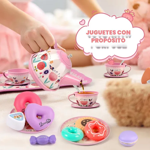 Vista 5 de Juego de fiesta de té para niñas pequeñas, juegos de té de flores, juguetes para niñas de 3, 4, 5, 6 años, juguetes de cocina para niños pequeños