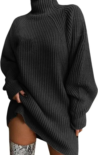 Vista 5 de Zaswen Vestido de punto trenzado para mujer, cuello alto, otoño, invierno, vestido de gran tamaño, casual, manga larga, trajes de moda