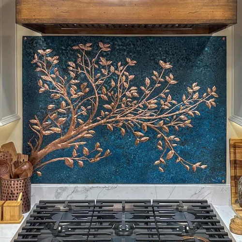 Vista 16 de Azulejos de salpicadura de cocina de cobre hechos a mano, ramas de árbol con hojas para salpicadura de cocina, panel decorativo de salpicadura