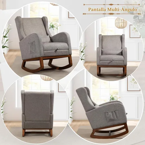Vista 6 de Mecedora moderna para guardería, cómoda silla mecedora con reposapiés, sillón de lectura acentuado con almohada y bolsillo, mecedora tapizada