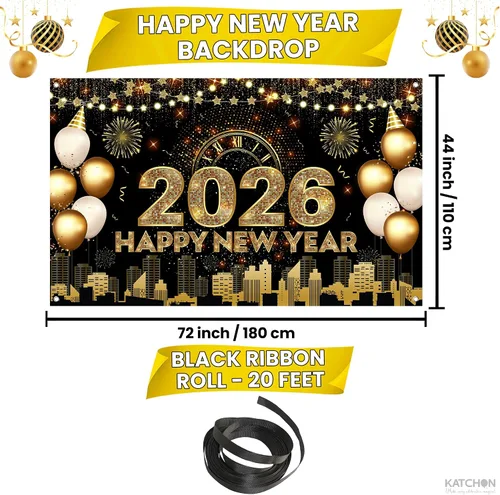 Vista 2 de Katchon, Xtralarge - Cartel de feliz año nuevo – 72 x 44 pulgadas Cartel dorado de feliz año nuevo 2026 para decoraciones de Año Nuevo 2026