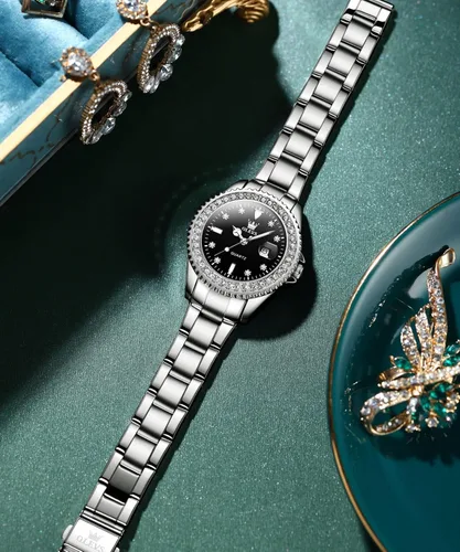 Vista 4 de OLEVS Reloj de pulsera para mujer, elegante, con diamantes, analógico, de cuarzo, de dos tonos, de acero inoxidable, impermeable, luminoso, regalo