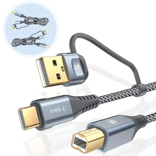Vista 13 de Cable de impresora 2 en 1 USB-A/C a USB-B de 6.6 pies, cable MIDI tipo C trenzado de alta velocidad cable de impresora para HP Canon Dell Epson