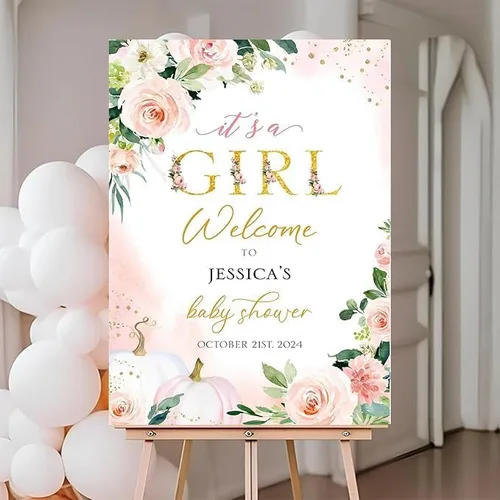 Vista 3 de Personalized It’s A Girl Baby Shower Welcome Sign, Custom Floral Girl Baby Shower Sign with Stand for Entryway Decor, Sweet Baby Shower Party Sign