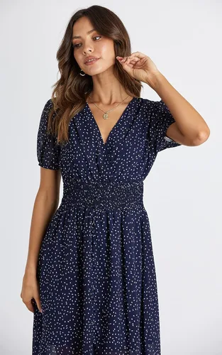 Vista 6 de PRETTYGARDEN Vestido largo con cuello en V y estampado floral para mujer, manga corta, bohemio, verano, playa, vestido largo con dobladillo alto