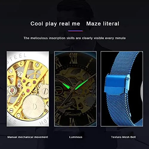 Vista 4 de Dentily Reloj de esqueleto para hombre clásico con número romano Steampunk Reloj mecánico Relojes de viento para hombre (azul)