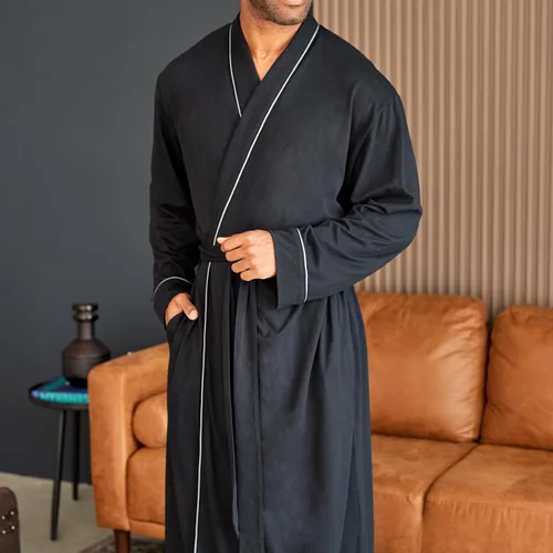 Vista 2 de Alexander Del Rossa Bata de baño para hombre, con bolsillos, suave y ligera, bata de algodón para hombre