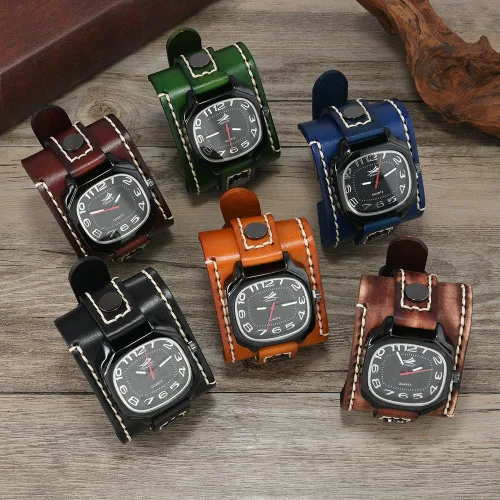 Vista 4 de MINILUJIA Relojes hechos a mano para hombre con cuerda de cera cosida, estilo vintage, punk, hip-hop, gótico, ancho, de cuero suave, reloj de hombre